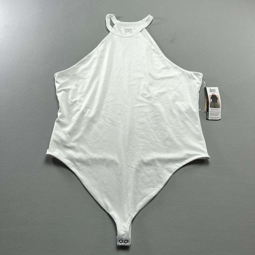 Madden NYC One Piece Thong Back Bodysuit Womens 3XL White Stretch Halter Neck